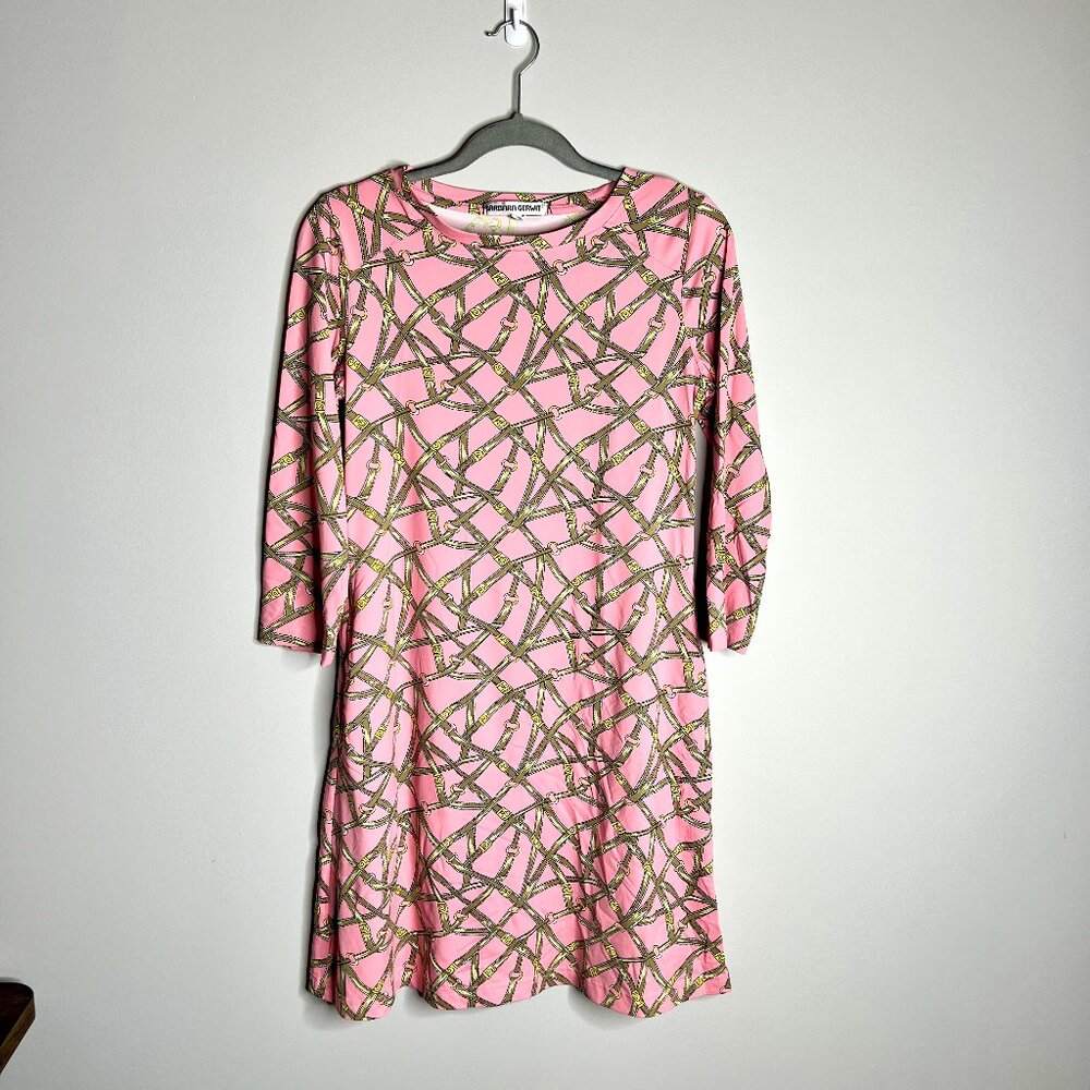 Barbara Gerwit Pink Equestrian Belt Print Nylon Shift Dress 3/4 Sleeve Preppy S